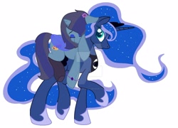 Size: 1600x1151 | Tagged: safe, artist:princesslunayay, base used, character:princess luna, oc, oc:savannah london, species:alicorn, species:pony, species:unicorn, alternate universe, artificial wings, augmented, bisexual pride flag, bracelet, canon x oc, clothing, crown, cute, deviantart watermark, female, flower, flower in hair, hoof shoes, implied lesbian, jewelry, lesbian, magic, magic wings, necklace, obtrusive watermark, paint palette, ponies riding ponies, pride, pride flag, regalia, riding, shoes, simple background, sleeping, sparkly mane, watermark, white background, wings