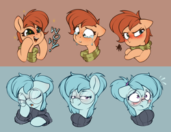 Size: 1982x1528 | Tagged: safe, artist:rexyseven, oc, oc only, oc:rusty gears, oc:whispy slippers, species:earth pony, species:pony, blushing, clothing, crying, female, freckles, glasses, mare, sweater