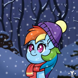 Size: 1980x1980 | Tagged: safe, artist:yelowcrom, character:rainbow dash, species:pegasus, species:pony, beanie, clothing, female, forest, hat, mare, scarf, snow, snowfall, solo, tree, winter