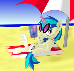 Size: 1547x1487 | Tagged: safe, artist:notadeliciouspotato, character:dj pon-3, character:vinyl scratch, species:pony, species:unicorn, newbie artist training grounds, atg 2020, beach, crossed legs, earbuds, female, lidded eyes, looking at you, magic, mare, mp3 player, ocean, smiling, solo, sunglasses, telekinesis, towel, umbrella