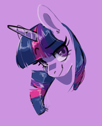 Size: 998x1235 | Tagged: safe, artist:goshhhh, character:twilight sparkle, species:pony, species:unicorn, bust, female, horn, portrait, purple background, simple background, smiling, solo