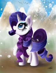 Size: 1380x1800 | Tagged: safe, artist:sadtrooper, character:rarity, species:pony, species:unicorn, newbie artist training grounds, atg 2020, clothing, female, painting, scarf, solo, winter