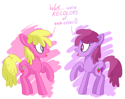 Size: 2131x1685 | Tagged: safe, artist:notadeliciouspotato, character:berry punch, character:berryshine, character:cherry berry, species:earth pony, species:pony, newbie artist training grounds, atg 2020, dialogue, duo, female, looking at each other, mare, open mouth, raised hoof, recolor, simple background, speech bubble, surprised, talking, white background, wide eyes