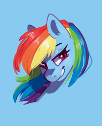 Size: 998x1235 | Tagged: safe, artist:goshhhh, character:rainbow dash, species:pegasus, species:pony, blue background, bust, female, grin, mare, portrait, simple background, smiling, solo