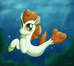 Size: 1500x1350 | Tagged: safe, artist:litrojia, character:autumn blaze, species:seapony (g4), newbie artist training grounds, atg 2020, awwtumn blaze, bubble, crepuscular rays, cute, female, fins, looking at you, ocean, seaponified, seapony autumn blaze, signature, smiling, solo, species swap, underwater, water