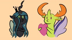 Size: 3840x2160 | Tagged: safe, artist:sadtrooper, character:queen chrysalis, character:thorax, species:changeling, species:reformed changeling, bust, changeling queen, cute, cutealis, female, heart, orange background, simple background, thorabetes