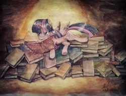 Size: 3456x2642 | Tagged: safe, artist:digiral, character:twilight sparkle, character:twilight sparkle (alicorn), species:alicorn, species:pony, book, female, glowing horn, horn, lying down, magic, mare, reading, signature, solo, telekinesis, that pony sure does love books, traditional art, watercolor painting
