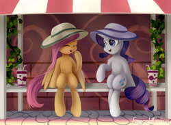 Size: 3000x2200 | Tagged: safe, artist:emeraldgalaxy, character:fluttershy, character:rarity, species:pegasus, species:pony, species:unicorn, clothing, cute, drink, duo, female, hat, mare, raribetes, shyabetes, sitting