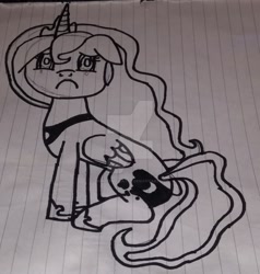 Size: 1920x2021 | Tagged: safe, artist:princesslunayay, character:princess luna, species:alicorn, species:pony, art, black outlines, crown, crying, cute, deviantart watermark, female, floppy ears, hoof shoes, jewelry, lined paper, looking at you, lunabetes, mare, monochrome, necklace, no color, obtrusive watermark, outline, pencil drawing, regalia, sad, sadorable, sitting, solo, teary eyes, traditional art, watermark