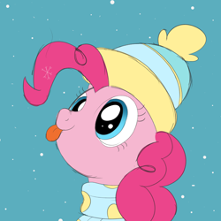 Size: 2000x2000 | Tagged: safe, artist:nitei, character:pinkie pie, species:earth pony, species:pony, newbie artist training grounds, atg 2020, blep, clothing, cute, diapinkes, female, hat, high res, mare, scarf, snow, snowfall, solo, tongue out, winter, winter outfit