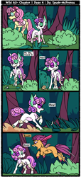 Size: 1596x3500 | Tagged: safe, artist:spudsmcfrenzy, character:fluttershy, character:scootaloo, character:sweetie belle, species:pegasus, species:pony, species:unicorn, comic:wild au, alternate universe, bandage, black eye, broken horn, horn, pounce, trap
