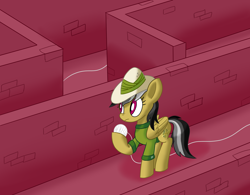 Size: 1920x1500 | Tagged: safe, artist:notadeliciouspotato, character:daring do, species:pegasus, species:pony, newbie artist training grounds, ariadne's thread, atg 2020, clothing, female, folded wings, frown, hat, hoof hold, labyrinth, looking up, mare, maze, raised hoof, solo, wings, yarn