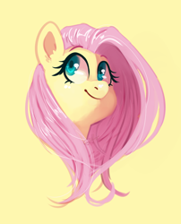Size: 998x1235 | Tagged: safe, artist:goshhhh, character:fluttershy, species:pony, bust, cute, female, looking away, looking up, mare, portrait, shyabetes, simple background, smiling, solo, three quarter view, yellow background