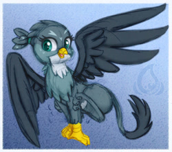 Size: 500x442 | Tagged: safe, artist:raininess, character:gabby, species:griffon, blue background, cute, female, gabbybetes, open mouth, simple background, solo