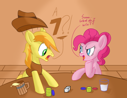 Size: 1740x1336 | Tagged: safe, artist:notadeliciouspotato, character:braeburn, character:pinkie pie, species:earth pony, species:pony, newbie artist training grounds, atg 2020, beyond the impossible, cider, cider mug, clothing, cowboy hat, cup, dialogue, dice, dreamworks face, duo, female, frown, hat, hoof on chin, male, mare, mug, open mouth, pinkie being pinkie, shocked, smiling, speech bubble, stallion, table, vest, water, wide eyes