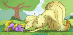 Size: 2736x1323 | Tagged: safe, artist:ali-selle, oc, oc:flossy tail, species:earth pony, species:pony, blushing, crossover, cute, eyes closed, face down ass up, multiple tails, ninetales, nuzzling, ocbetes, pokémon, tree