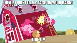 Size: 884x500 | Tagged: safe, artist:mlpfan3991, edit, edited screencap, screencap, character:applejack, character:pinkie pie, species:earth pony, species:pony, episode:a friend in deed, g4, my little pony: friendship is magic, barn, caption, duo, female, image macro, mare, mouth hold, paintbrush, smile song, text