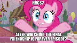 Size: 888x499 | Tagged: safe, artist:mlpfan3991, edit, edited screencap, screencap, character:pinkie pie, species:earth pony, species:pony, episode:memories and more, spoiler:memories and more, bipedal, caption, female, friendship is forever:new mlp series, hug request, image macro, mare, outstretched arms, solo, text