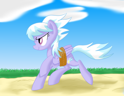 Size: 1920x1500 | Tagged: safe, artist:notadeliciouspotato, character:cloudchaser, species:pegasus, species:pony, newbie artist training grounds, atg 2020, bound wings, cloud, female, grass, mare, rope, running, sky, smiling, solo, wings