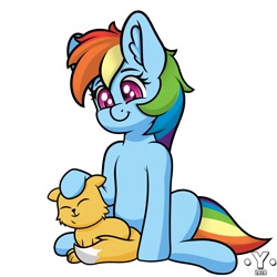 Size: 1980x1980 | Tagged: safe, artist:yelowcrom, character:rainbow dash, species:pegasus, species:pony, newbie artist training grounds, atg 2020, cat, ear fluff, female, mare, petting, simple background, white background
