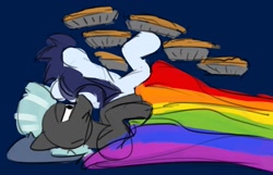 Size: 1405x907 | Tagged: safe, artist:hyper dash, character:soarin', character:thunderlane, species:pegasus, species:pony, ah yes me my girlfriend and her x, colored sketch, food, gay, gay pride flag, male, meme, pie, pillow, pride, pride flag, rainbow, shipping, sketch, sleeping, soarilane, stallion, that pony sure does love pies