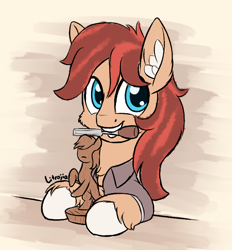 Size: 650x700 | Tagged: safe, artist:litrojia, oc, oc only, oc:cottonwood kindle, species:earth pony, species:pony, newbie artist training grounds, atg 2020, cheek fluff, chisel, clothing, ear fluff, figurine, looking at you, mouth hold, shirt, smiling, solo, unshorn fetlocks