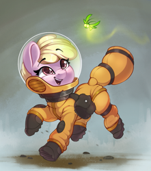 Size: 1191x1346 | Tagged: safe, artist:rexyseven, oc, oc only, oc:puppysmiles, species:pony, fallout equestria, cute, fallout equestria: pink eyes, fanfic art, female, filly, firefly, hazmat suit, insect, ocbetes, open mouth, radiation suit, solo