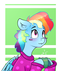 Size: 1108x1274 | Tagged: safe, artist:fuzzypones, character:rainbow dash, species:pegasus, species:pony, blushing, bust, chocolate, clothing, cute, dashabetes, ear fluff, female, food, hoof hold, hot chocolate, mare, marshmallow, mug, solo, sweater