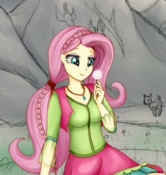 Size: 1280x1342 | Tagged: safe, artist:astevenamedwolf, character:fluttershy, species:bird, species:deer, my little pony:equestria girls, braid, dandelion, female, flower, folk fluttershy, holding, jewelry, looking at something, necklace, sketched background, smiling, solo