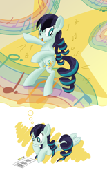 Size: 1750x2830 | Tagged: safe, artist:notadeliciouspotato, character:coloratura, species:earth pony, species:pony, newbie artist training grounds, atg 2020, bipedal, female, hoof on chin, mare, music, open mouth, pencil, prone, smiling, solo, thought bubble