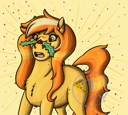 Size: 1778x1600 | Tagged: safe, artist:azurllinate, oc, oc only, oc:cheesy bite, species:earth pony, species:pony, brown eyes, chest fluff, cute, earth pony oc, female, freckles, gift art, holly, long mane, long tail, multicolored hair, open mouth, pizza cutie mark, simple background, solo, surprised