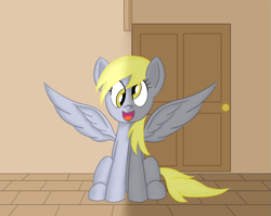 Size: 1695x1352 | Tagged: safe, artist:notadeliciouspotato, character:derpy hooves, species:pegasus, species:pony, newbie artist training grounds, atg 2020, door, female, mare, open mouth, sitting, smiling, solo, spread wings, wings