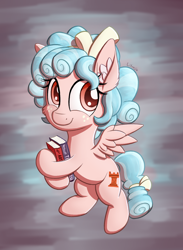 Size: 1100x1500 | Tagged: safe, artist:litrojia, character:cozy glow, species:pegasus, species:pony, newbie artist training grounds, abstract background, atg 2020, book, cheek fluff, cozybetes, cute, ear fluff, female, filly, looking at you, machiavelli, red eyes, smiling, solo, spread wings, sun tzu, the art of war, wings