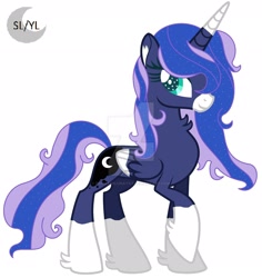 Size: 1920x2038 | Tagged: safe, artist:princesslunayay, base used, character:princess luna, species:alicorn, species:pony, chest fluff, coat markings, colored muzzle, colored wings, cute, deviantart watermark, ethereal mane, female, galaxy mane, hoof fluff, logo, lunabetes, mare, multicolored wings, obtrusive watermark, redesign, simple background, socks (coat marking), solo, starry eyes, watermark, white background, wingding eyes, wings