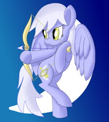 Size: 1710x1908 | Tagged: safe, artist:notadeliciouspotato, species:pegasus, species:pony, newbie artist training grounds, arrow, artemis (greek mythology), atg 2020, bipedal, bow (weapon), bow and arrow, female, gradient background, mare, moon, ponified, raised leg, rule 63, solo, spread wings, weapon, wings