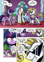 Size: 1204x1700 | Tagged: safe, artist:tarkron, character:princess celestia, character:spike, character:twilight sparkle, character:twilight sparkle (alicorn), oc, oc:cosmo cool, species:alicorn, species:dragon, species:pony, species:unicorn, comic:the royal sandal, comic, dialogue, female, male, mare, speech bubble, stallion