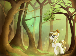 Size: 2000x1470 | Tagged: safe, artist:andaluce, oc, oc only, oc:chamomile dreams, species:earth pony, species:pony, blank flank, female, forest, mare, scenery, solo, tree