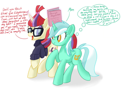 Size: 2304x1688 | Tagged: safe, artist:notadeliciouspotato, character:lyra heartstrings, character:moondancer, species:pony, species:unicorn, fanfic:anthropology, newbie artist training grounds, atg 2020, book, dialogue, duo, fanfic art, female, haycartes' method, humie, magic, mare, oblivious, raised hoof, shadow, simple background, smiling, speech bubble, talking, telekinesis, thought bubble, white background