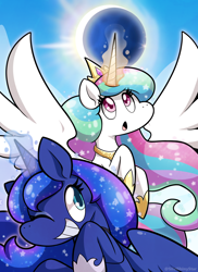 Size: 1000x1375 | Tagged: safe, artist:pegasisters82, character:princess celestia, character:princess luna, species:alicorn, species:pony, cute, cutelestia, duo, eclipse, ethereal mane, female, galaxy mane, heart eyes, magic, mare, moon, one eye closed, open mouth, royal sisters, siblings, sisters, sky, smiling, spread wings, starry eyes, sun, telekinesis, wingding eyes, wings, wink