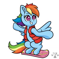 Size: 1980x1980 | Tagged: safe, artist:yelowcrom, character:rainbow dash, species:pegasus, species:pony, newbie artist training grounds, back to the future, ear fluff, female, hoverboard, mare, marty mcfly, simple background, solo, tail, white background, wings