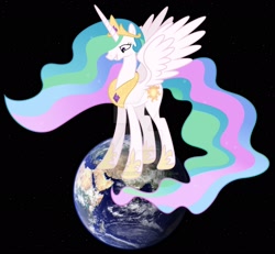 Size: 1920x1774 | Tagged: safe, artist:martinnus1, artist:princesslunayay, character:princess celestia, species:alicorn, species:pony, deviantart watermark, earth, female, giant pony, giantess, giantlestia, looking down, macro, mare, mega celestia, mega giant, obtrusive watermark, planet, pony bigger than a planet, simple background, smug, solo, space, tall alicorn, tangible heavenly object, this will end in death, watermark