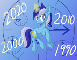 Size: 1920x1500 | Tagged: safe, artist:notadeliciouspotato, character:minuette, species:pony, species:unicorn, newbie artist training grounds, atg 2020, clock, female, gradient background, magic, mare, raised hoof, smiling, solo