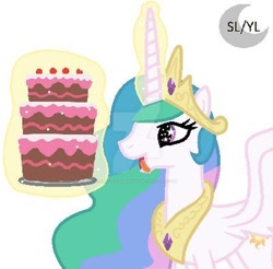 Size: 400x394 | Tagged: safe, artist:princesslunayay, character:princess celestia, species:alicorn, species:pony, cake, cakelestia, crown, cute, cutelestia, deviantart watermark, eyes on the prize, female, food, glowing horn, horn, jewelry, logo, magic, mare, multicolored hair, necklace, obtrusive watermark, open mouth, regalia, simple background, solo, spread wings, starry eyes, telekinesis, that princess sure does love cake, tongue out, watermark, white background, wingding eyes, wings
