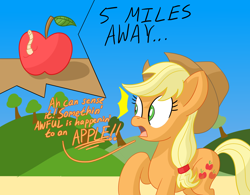 Size: 1920x1500 | Tagged: safe, artist:notadeliciouspotato, character:applejack, species:earth pony, species:pony, newbie artist training grounds, apple, atg 2020, dialogue, emanata, female, food, hill, mare, open mouth, raised hoof, shocked, sky, solo, speech bubble, table, talking, that pony sure does love apples, tree, wide eyes, worm