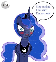 Size: 600x660 | Tagged: safe, artist:princesslunayay, character:princess luna, species:alicorn, species:pony, angry, blatant lies, blushing, crown, cute, denial, denial's not just a river in egypt, deviantart watermark, dialogue, ethereal mane, female, galaxy mane, i'm not cute, jewelry, logo, looking at you, lunabetes, lying down, mare, necklace, obtrusive watermark, regalia, simple background, solo, speech bubble, talking, talking to viewer, text, tsundere, watermark, white background