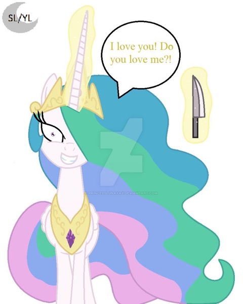 2379194 - safe, artist:princesslunayay, character:princess celestia,  species:alicorn, species:pony, crazy face, crown, deviantart watermark,  dialogue, ethereal mane, faic, female, glowing horn, hair over one eye,  horn, jewelry, knife, logo, looking at ...