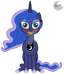 Size: 600x699 | Tagged: safe, artist:princesslunayay, character:princess luna, species:alicorn, species:pony, blushing, chocolate chip cookies, cookie, crown, cute, deviantart watermark, ethereal mane, eyeshadow, female, food, galaxy mane, hoof shoes, jewelry, logo, looking at you, lunabetes, makeup, mare, necklace, nibbling, nom, obtrusive watermark, regalia, simple background, sitting, smiling, solo, starry eyes, watermark, white background, wingding eyes