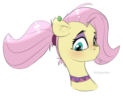 Size: 957x745 | Tagged: safe, artist:fuzzypones, character:fluttershy, species:pegasus, species:pony, alternate hairstyle, blushing, bust, candy, choker, chokershy, ear fluff, ear piercing, eyeshadow, female, food, lollipop, looking at you, makeup, mare, piercing, portrait, simple background, solo, stray strand, three quarter view, white background