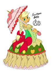 Size: 1075x1500 | Tagged: safe, artist:sepiakeys, character:applejack, species:anthro, species:earth pony, species:pony, braided ponytail, breasts, busty applejack, clothing, colored, dress, female, gown, lidded eyes, lipstick, looking at you, looking back, looking back at you, mare, sideboob, signature, simple background, smiling, solo, southern belle aj, tomboy taming, umbrella, white background