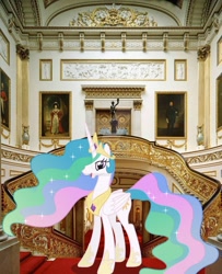 Size: 900x1111 | Tagged: safe, artist:90sigma, artist:princesslunayay, character:princess celestia, species:alicorn, species:pony, buckingham palace, crown, deviantart watermark, ethereal mane, female, happy, hoof shoes, irl, jewelry, mare, necklace, obtrusive watermark, photo, ponies in real life, railing, regalia, solo, staircase, stairs, watermark
